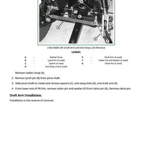 May include: Diagram of a mechanical assembly with labeled parts for draft arm and anti-sway link removal. Includes a legend identifying components like rubber straps, lynch pins, spacers, and clevis pins. Text provides step-by-step instructions.
