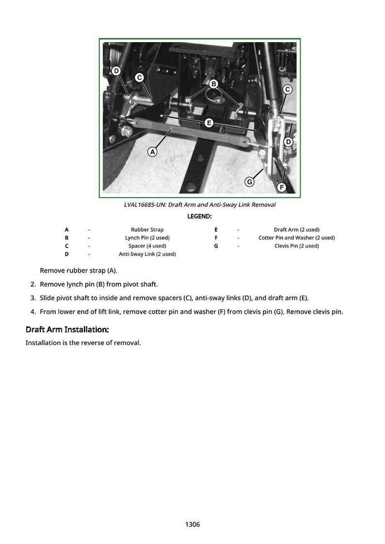 May include: Diagram of a mechanical assembly with labeled parts for draft arm and anti-sway link removal. Includes a legend identifying components like rubber straps, lynch pins, spacers, and clevis pins. Text provides step-by-step instructions.