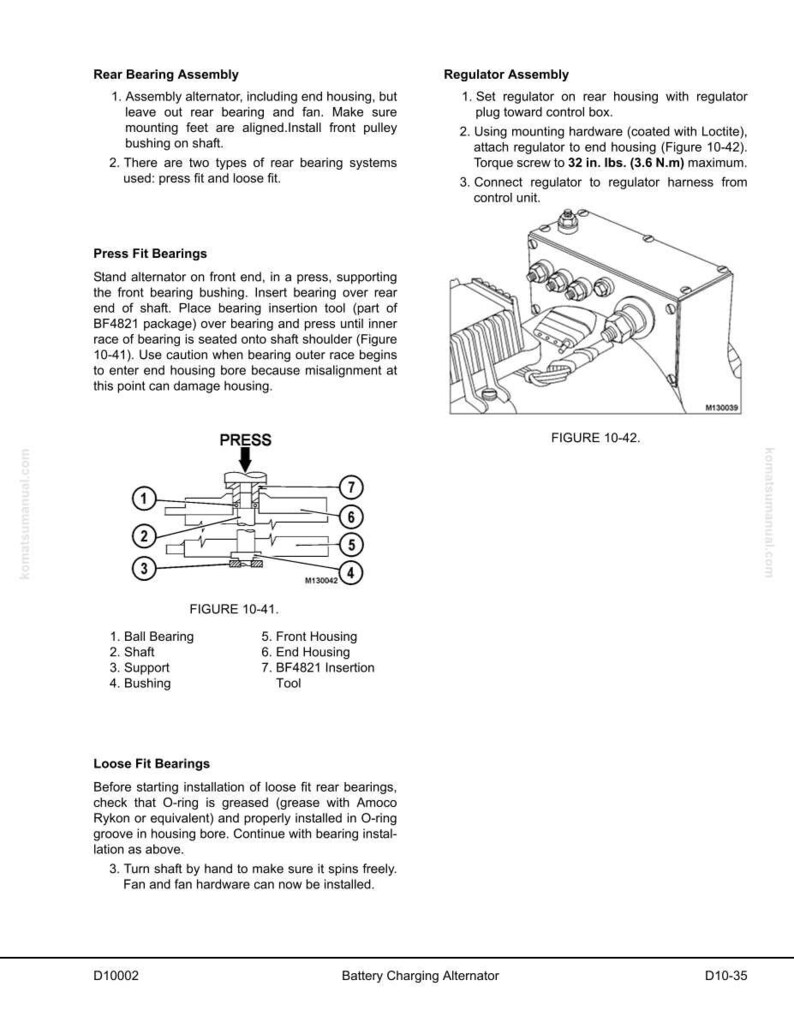 May include: Technical diagram of a battery charging alternator, with detailed instructions for rear bearing assembly, regulator assembly, and press fit bearings. Includes diagrams and torque specifications for installation.