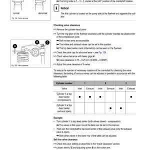 May include: A technical diagram from a Wacker Neuson engine manual, detailing valve clearance adjustment. Includes illustrations of valve components, a table for cylinder settings, and instructions for checking and adjusting. The text includes measurements in millimeters and inches.