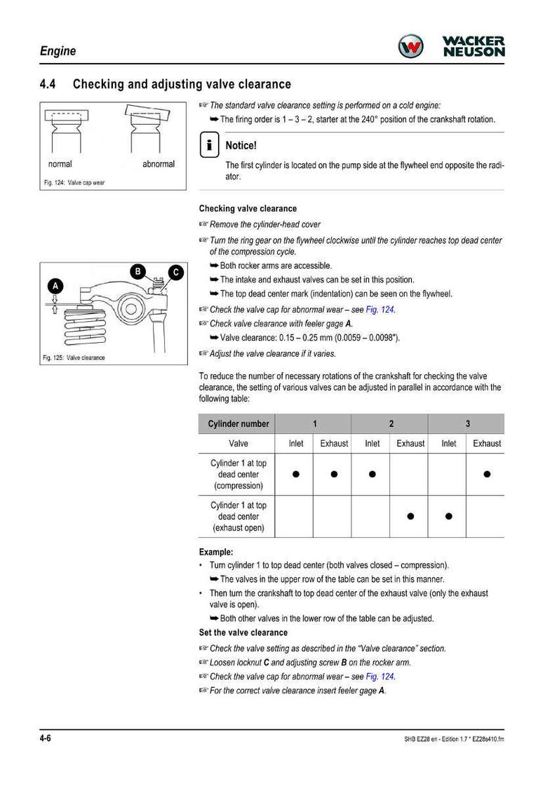 May include: A technical diagram from a Wacker Neuson engine manual, detailing valve clearance adjustment. Includes illustrations of valve components, a table for cylinder settings, and instructions for checking and adjusting. The text includes measurements in millimeters and inches.