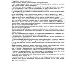 May include: A page from a manual titled "SECTION 1001" with safety guidelines for machinery maintenance. Text includes warnings about fuel, fire, and eye protection, along with instructions for safe operation and handling of equipment.