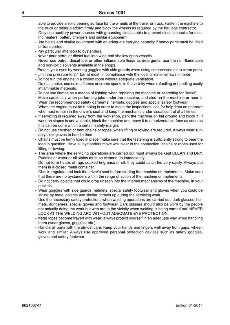 May include: A page from a manual titled "SECTION 1001" with safety guidelines for machinery maintenance. Text includes warnings about fuel, fire, and eye protection, along with instructions for safe operation and handling of equipment.
