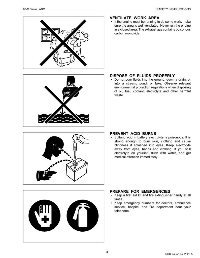 May include: Safety instructions page with illustrations and text. Includes warnings about ventilating work areas, proper fluid disposal, preventing acid burns, and preparing for emergencies. The page has a white background with black text and illustrations.