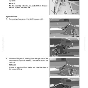 May include: Diagram from a manual detailing the disassembly and assembly of a dozer blade. The image includes numbered steps, diagrams of hydraulic hoses, and text instructions for the process.