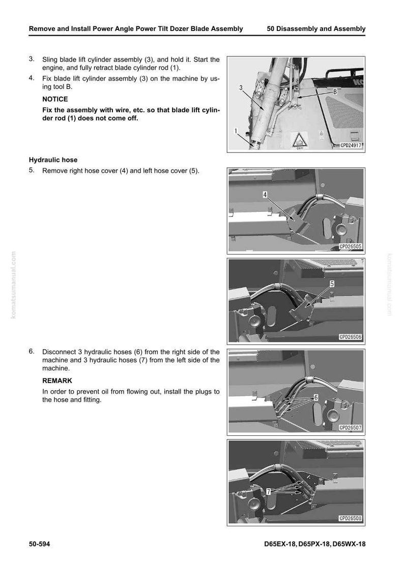 May include: Diagram from a manual detailing the disassembly and assembly of a dozer blade. The image includes numbered steps, diagrams of hydraulic hoses, and text instructions for the process.