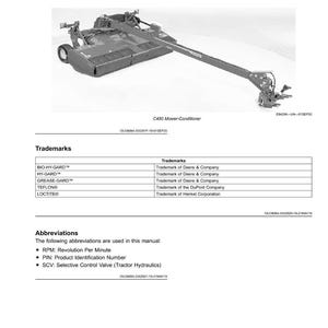 May include: A detailed product view of a C450 Mower-Conditioner, a piece of agricultural equipment. The image includes trademarks and abbreviations, such as RPM and PIN, from the manual. The equipment is gray and has a long arm.