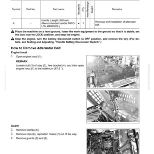 Pode incluir: P&aacute;gina de um manual t&eacute;cnico que detalha a remo&ccedil;&atilde;o e instala&ccedil;&atilde;o de uma correia do alternador. Inclui diagramas, nomes de pe&ccedil;as e instru&ccedil;&otilde;es. A p&aacute;gina apresenta imagens de componentes do motor e diagramas.