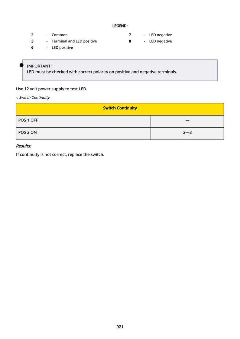 May include: A white document with black text detailing LED testing procedures. The document includes a legend, important notes, and a table outlining switch continuity tests. The text is clear and concise, providing instructions for electrical component testing.