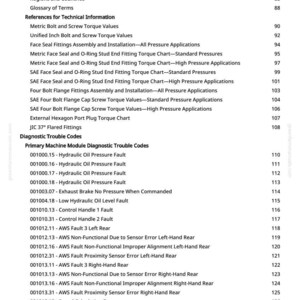 May include: A white-background page from a manual with a table of contents and diagnostic trouble codes. The text includes sections on torque values, pressure applications, and fault codes, with page numbers.