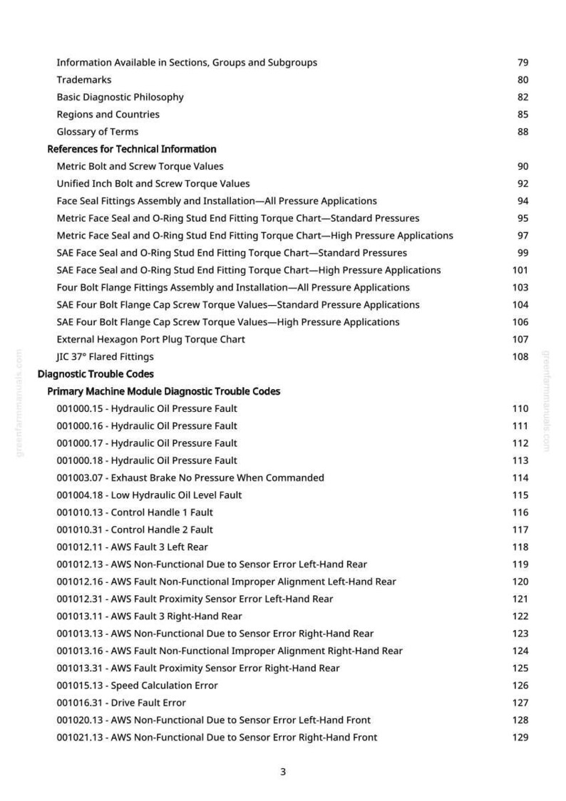 May include: A white-background page from a manual with a table of contents and diagnostic trouble codes. The text includes sections on torque values, pressure applications, and fault codes, with page numbers.