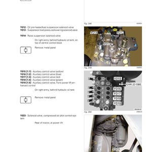 May include: Diagram of tractor components, including solenoid valves and auxiliary control valves. The image shows detailed views of the tractor's internal mechanisms, with labels such as Y011, Y012, Y013, Y014, Y015, Y016, Y017, Y018, Y019, and Y023.