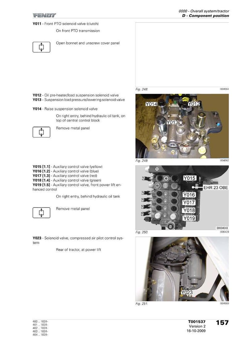 May include: Diagram of tractor components, including solenoid valves and auxiliary control valves. The image shows detailed views of the tractor's internal mechanisms, with labels such as Y011, Y012, Y013, Y014, Y015, Y016, Y017, Y018, Y019, and Y023.