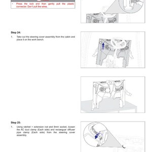 K&ouml;nnte beinhalten: Diagramm einer Demontageprozedur f&uuml;r die Klimaanlage. Schritt-f&uuml;r-Schritt-Anweisungen mit Illustrationen zeigen, wie man den Tachometerstecker abklemmt, die Lenkradverkleidung entfernt und Klemmen l&ouml;st. Text enth&auml;lt "Hinweis: Dr&uuml;cken Sie die Verriegelung und ziehen Sie dann vorsichtig am Kunststoffstecker. Ziehen Sie nicht an den Dr&auml;hten."