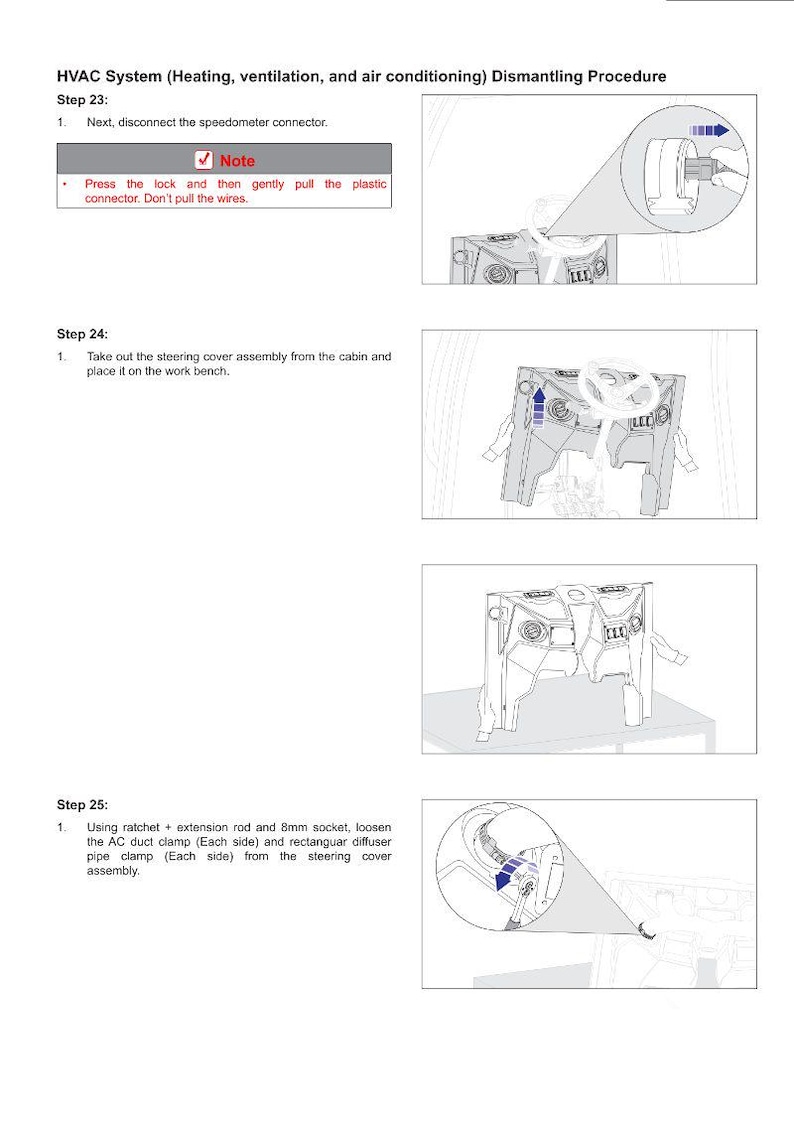 K&ouml;nnte beinhalten: Diagramm einer Demontageprozedur f&uuml;r die Klimaanlage. Schritt-f&uuml;r-Schritt-Anweisungen mit Illustrationen zeigen, wie man den Tachometerstecker abklemmt, die Lenkradverkleidung entfernt und Klemmen l&ouml;st. Text enth&auml;lt "Hinweis: Dr&uuml;cken Sie die Verriegelung und ziehen Sie dann vorsichtig am Kunststoffstecker. Ziehen Sie nicht an den Dr&auml;hten."