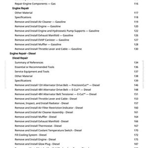 May include: A manual page detailing engine repair procedures, covering both petrol and diesel engines. The contents list includes sections on removing and installing various components, such as air filters and manifolds.