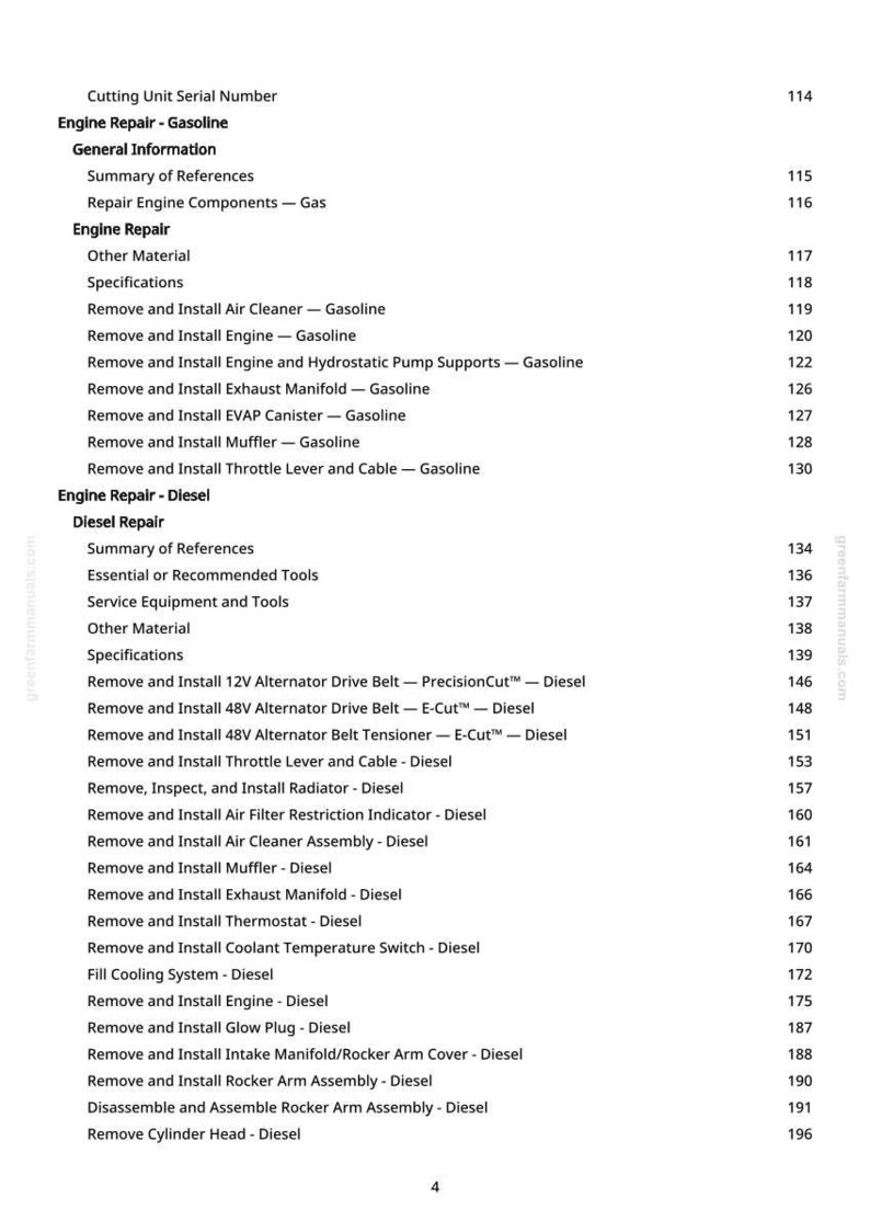 May include: A manual page detailing engine repair procedures, covering both petrol and diesel engines. The contents list includes sections on removing and installing various components, such as air filters and manifolds.