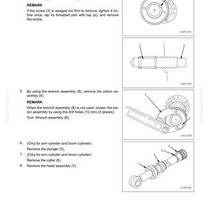 May include: Diagram of a work equipment cylinder assembly with detailed illustrations. Includes instructions for removing screws, plungers, and collars. Features technical drawings and part labels for disassembly.