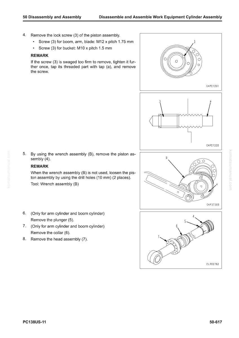 May include: Diagram of a work equipment cylinder assembly with detailed illustrations. Includes instructions for removing screws, plungers, and collars. Features technical drawings and part labels for disassembly.