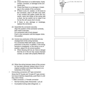 May include: Troubleshooting guide page with text and diagrams. The page details instructions for connecting connectors, including visual checks, assembly, and maintenance precautions. Includes diagrams of connectors and their components.