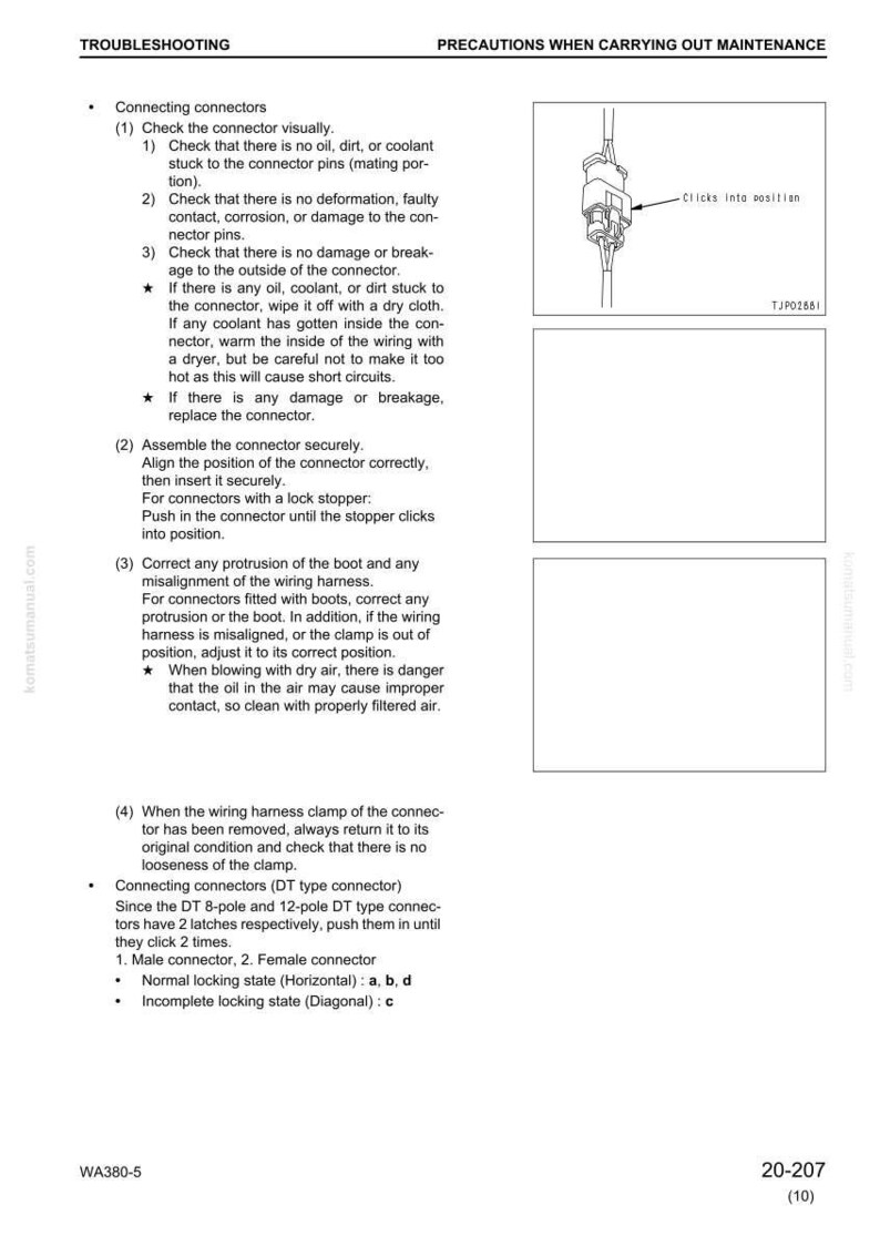 May include: Troubleshooting guide page with text and diagrams. The page details instructions for connecting connectors, including visual checks, assembly, and maintenance precautions. Includes diagrams of connectors and their components.