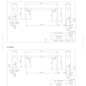 Może przedstawiać: Rysunek techniczny mocowania J1 z wymiarami w milimetrach. Schemat zawiera widoki z g&oacute;ry i z boku z wymiarami 280 mm i 310 mm. Zawiera numery części i specyfikacje materiałowe.
