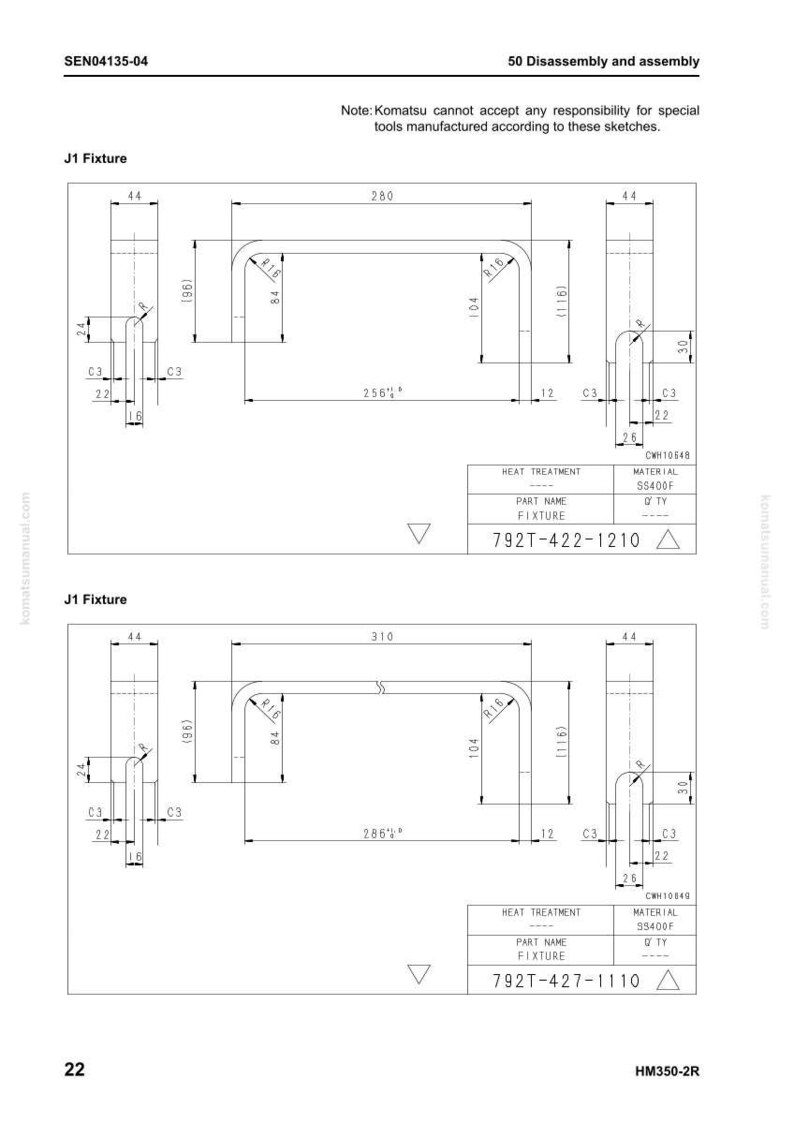 Może przedstawiać: Rysunek techniczny mocowania J1 z wymiarami w milimetrach. Schemat zawiera widoki z g&oacute;ry i z boku z wymiarami 280 mm i 310 mm. Zawiera numery części i specyfikacje materiałowe.