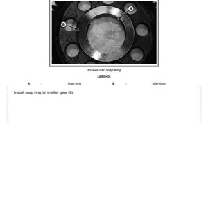 May include: Diagram of an idler gear with a snap ring. The inside diameter is 3.149 inches. The text reads "Install snap ring (A) in idler gear (B)." The image also includes the text "E52648-UN: Snap Ring LEGEND:" and "Idler Gear".