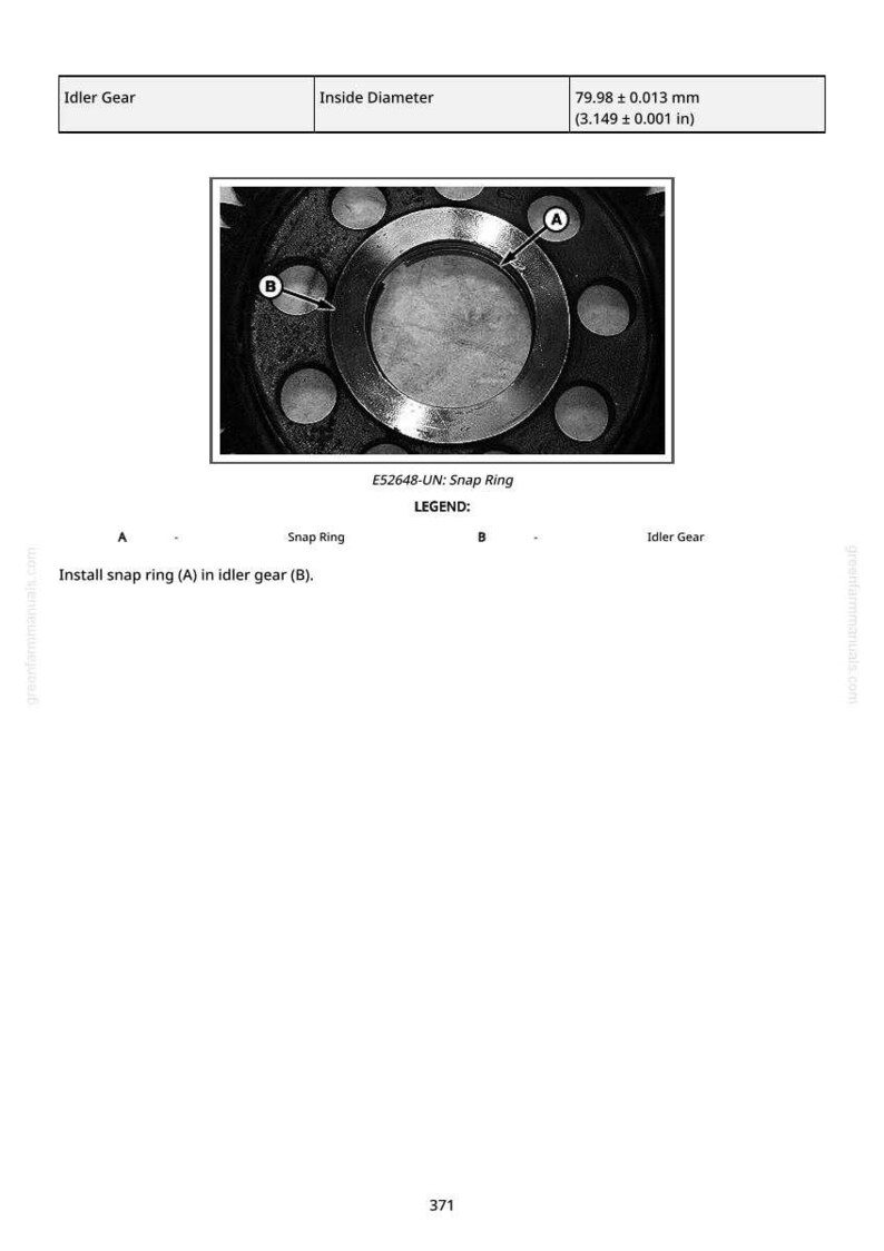 May include: Diagram of an idler gear with a snap ring. The inside diameter is 3.149 inches. The text reads "Install snap ring (A) in idler gear (B)." The image also includes the text "E52648-UN: Snap Ring LEGEND:" and "Idler Gear".