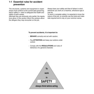 Puede incluir: Una p&aacute;gina de un manual titulada "Trabajando en seguridad". El texto enfatiza la prevenci&oacute;n de accidentes, incluyendo comportarse con precauci&oacute;n, prestar atenci&oacute;n y cumplir con las regulaciones. Un gr&aacute;fico triangular dice: "Para trabajar en SEGURIDAD, siempre piensa antes de actuar."