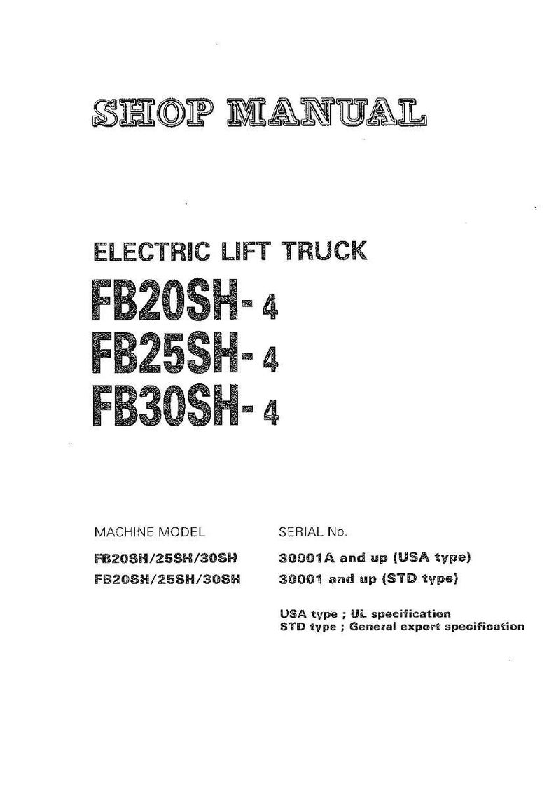 Puede incluir: Manual de taller para una carretilla elevadora el&eacute;ctrica. El texto incluye los n&uacute;meros de modelo FB20SH-4, FB25SH-4 y FB30SH-4, junto con informaci&oacute;n sobre el n&uacute;mero de serie y especificaciones para los tipos USA y STD.
