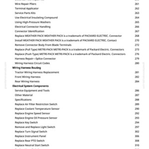 K&ouml;nnte beinhalten: Eine Seite aus einem Handbuch mit einer Liste von Themen zur Autoreparatur, darunter "Lichtmaschine ersetzen", "Kabelbaumverlegung" und "Motor-Drehzahlsensor ersetzen". Der Text ist schwarz auf wei&szlig;em Hintergrund.