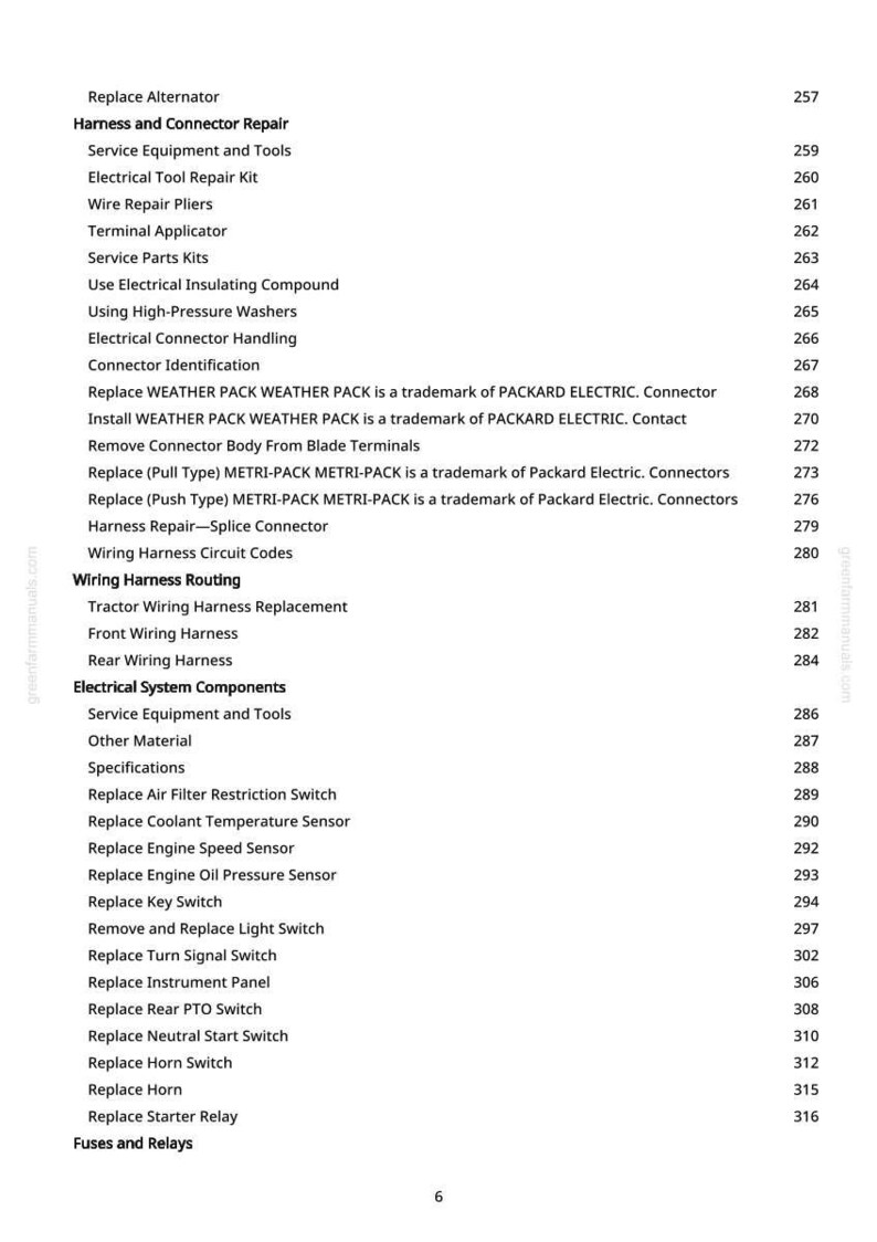 K&ouml;nnte beinhalten: Eine Seite aus einem Handbuch mit einer Liste von Themen zur Autoreparatur, darunter "Lichtmaschine ersetzen", "Kabelbaumverlegung" und "Motor-Drehzahlsensor ersetzen". Der Text ist schwarz auf wei&szlig;em Hintergrund.