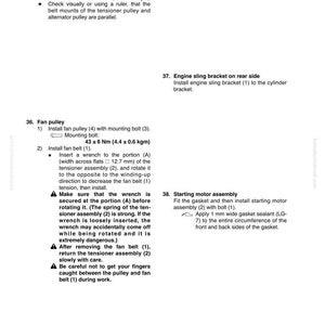 May include: A page from a manual detailing engine disassembly and assembly procedures. Includes instructions for the belt tensioner, fan pulley, engine sling bracket, and starting motor assembly. Measurements are in Newton meters and millimeters.