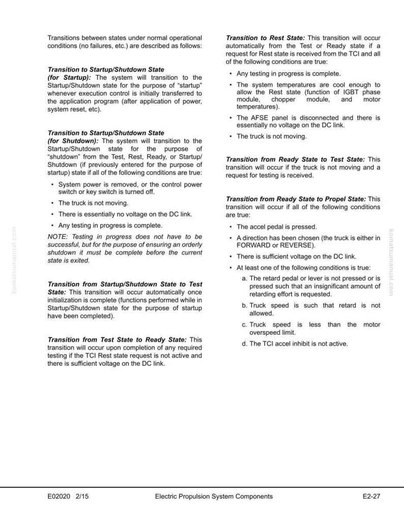 Puede incluir: Documento t&eacute;cnico con texto que describe las transiciones entre estados en un sistema de propulsi&oacute;n el&eacute;ctrica. El documento incluye diagramas y explicaciones detalladas de varias condiciones operativas.