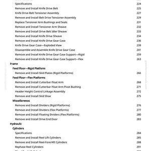 May include: A detailed table of contents from a manual, listing various procedures for agricultural machinery. The text includes sections on knife drives, feed floors, hydraulics, and motors, with page numbers for each topic.