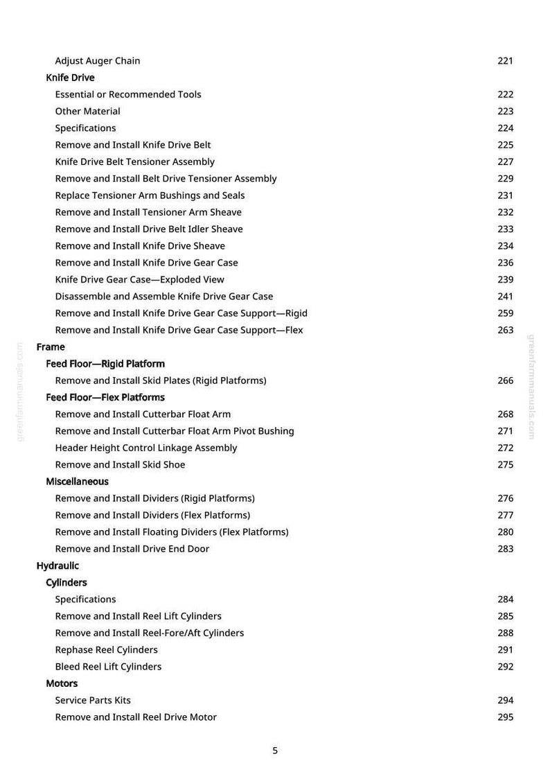 May include: A detailed table of contents from a manual, listing various procedures for agricultural machinery. The text includes sections on knife drives, feed floors, hydraulics, and motors, with page numbers for each topic.