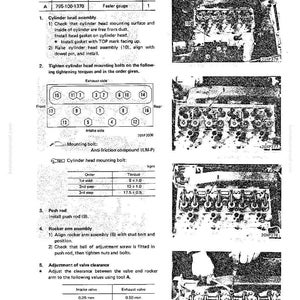 May include: Installation instructions for a cylinder head assembly, including diagrams and torque specifications. The document details the steps for checking, installing, and adjusting the assembly, with measurements in millimeters and kilograms.