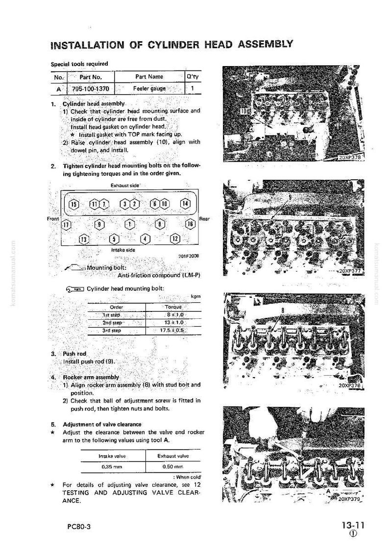 May include: Installation instructions for a cylinder head assembly, including diagrams and torque specifications. The document details the steps for checking, installing, and adjusting the assembly, with measurements in millimeters and kilograms.