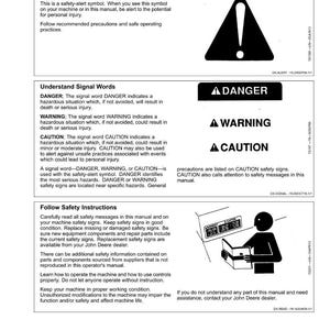 May include: A safety manual page with the title "Safety" and sections on recognizing safety information, understanding signal words, and following safety instructions. Includes warning symbols and text.