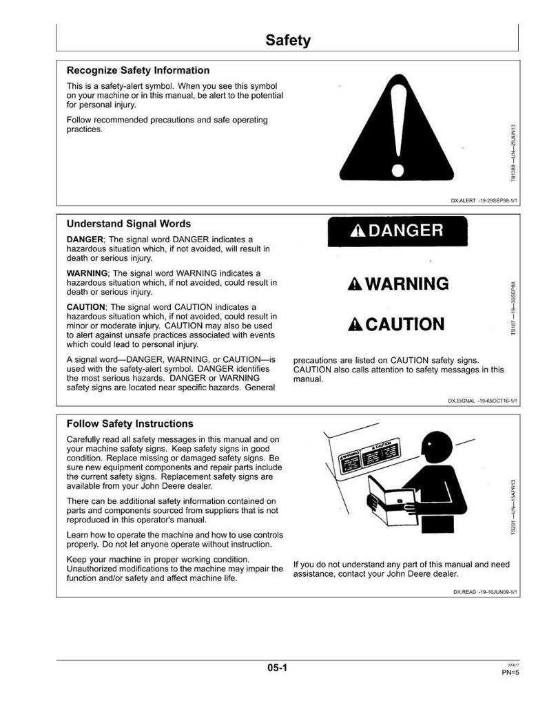 May include: A safety manual page with the title "Safety" and sections on recognizing safety information, understanding signal words, and following safety instructions. Includes warning symbols and text.