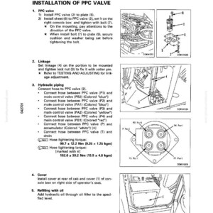May include: Diagram of PPC valve installation with detailed instructions and illustrations. Includes steps for connecting hoses, tightening bolts, and refilling with oil. Features diagrams of valve components and hydraulic piping connections.
