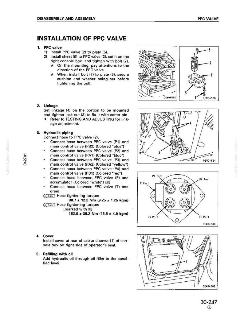May include: Diagram of PPC valve installation with detailed instructions and illustrations. Includes steps for connecting hoses, tightening bolts, and refilling with oil. Features diagrams of valve components and hydraulic piping connections.