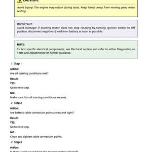 May include: A troubleshooting guide for a starting motor, with a yellow caution box, a purple important box, and a green note box. The guide includes steps with actions and results, and is labeled with the number 381 at the bottom.