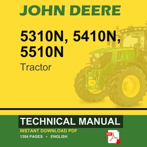 May include: A John Deere tractor technical manual cover. The image features a green and yellow tractor on a yellow background. The text reads "JOHN DEERE" and "5310N, 5410N, 5510N Tractor". The bottom banner says "TECHNICAL MANUAL".
