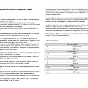 Op de afbeelding: Een wit document met Franse tekst, inclusief een conversietabel voor volume, lengte, gewicht, snelheid en koppel. Het document geeft algemene informatie over onderdelencatalogi.