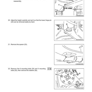 Pu&ograve; includere: Diagramma delle istruzioni di smontaggio e montaggio per un perno della cerniera centrale. L'immagine include passaggi numerati con illustrazioni, che descrivono la rimozione di bulloni, fermi e distanziali. Il testo include "SMONTAGGIO E MONTAGGIO" e "PERNO DELLA CERNIERA CENTRALE".