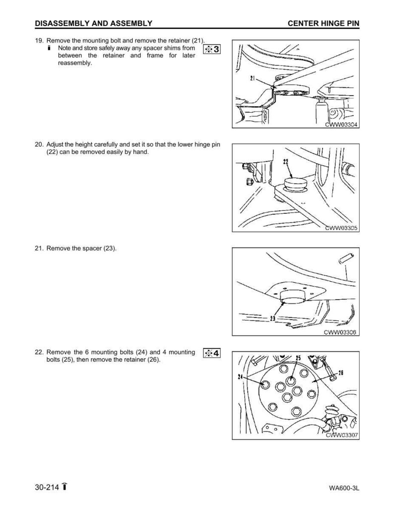 Pu&ograve; includere: Diagramma delle istruzioni di smontaggio e montaggio per un perno della cerniera centrale. L'immagine include passaggi numerati con illustrazioni, che descrivono la rimozione di bulloni, fermi e distanziali. Il testo include "SMONTAGGIO E MONTAGGIO" e "PERNO DELLA CERNIERA CENTRALE".