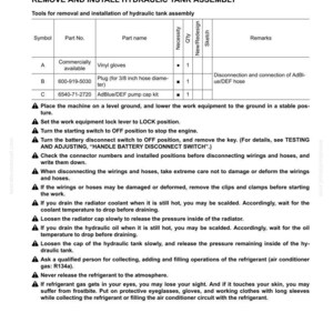 Puede incluir: Una p&aacute;gina de un manual que detalla la extracci&oacute;n e instalaci&oacute;n de un conjunto de dep&oacute;sito hidr&aacute;ulico. La p&aacute;gina incluye una lista de piezas con n&uacute;meros de pieza, descripciones y diagramas, junto con instrucciones de seguridad y advertencias. El texto est&aacute; en negro.