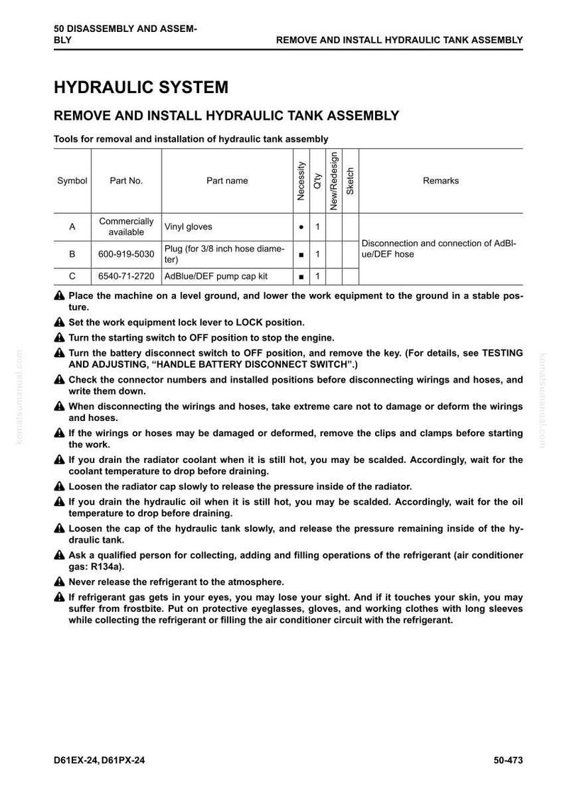 Puede incluir: Una p&aacute;gina de un manual que detalla la extracci&oacute;n e instalaci&oacute;n de un conjunto de dep&oacute;sito hidr&aacute;ulico. La p&aacute;gina incluye una lista de piezas con n&uacute;meros de pieza, descripciones y diagramas, junto con instrucciones de seguridad y advertencias. El texto est&aacute; en negro.
